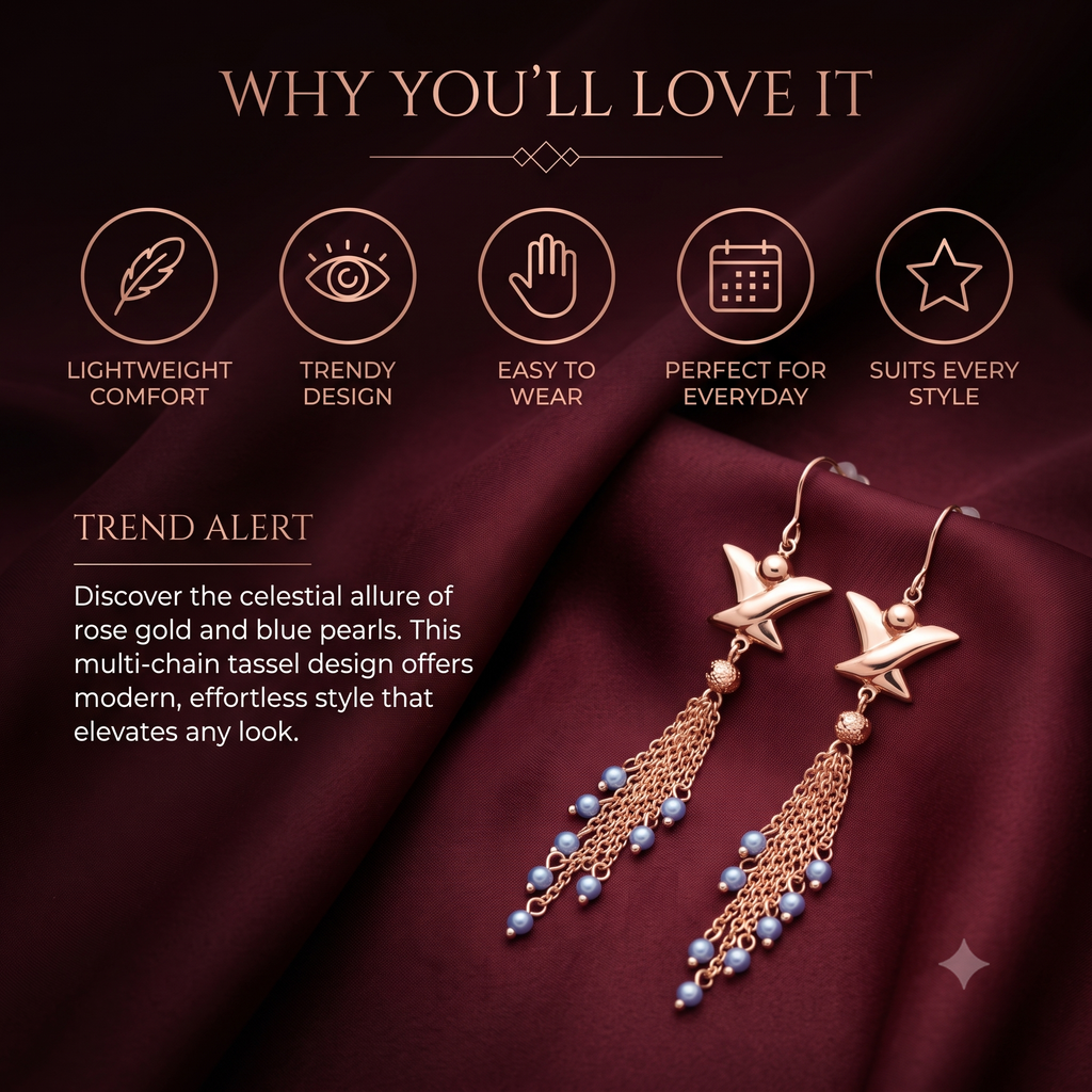 Elegant Rose Gold Multi-Chain Star Dangle Earrings for Women & Girls | Trendy Light Blue Pearl Drop Fashion Jewellery for Party & Festive Wear
