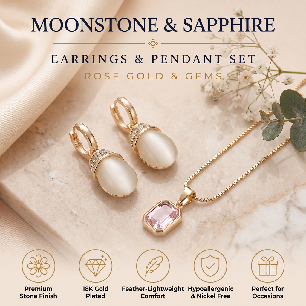 Moonstone & Sapphire Pendant Necklace and Earrings Set | 18K Gold Plated