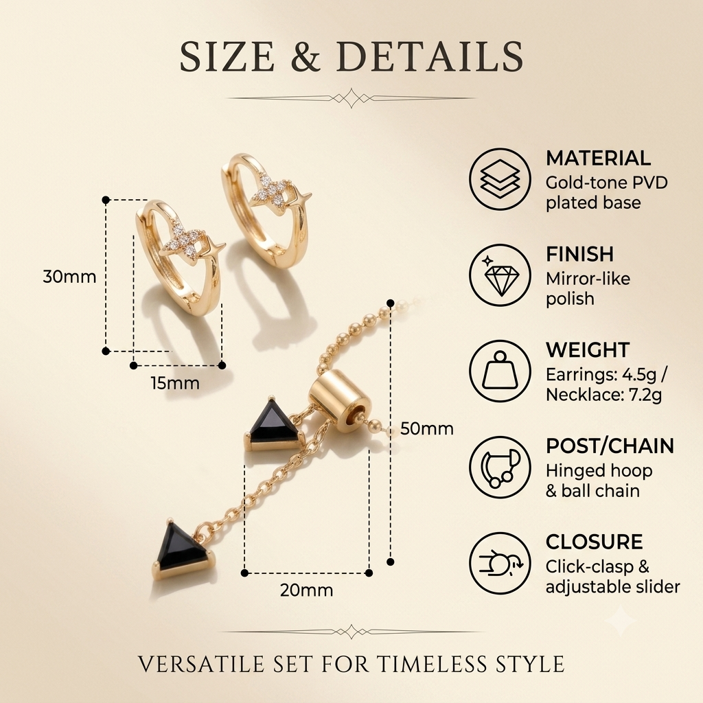 18K Gold Plated Onyx Stone Pendant Necklace & Crystal Star Huggie Earring Set | Y-Lariat Chain Jewelry