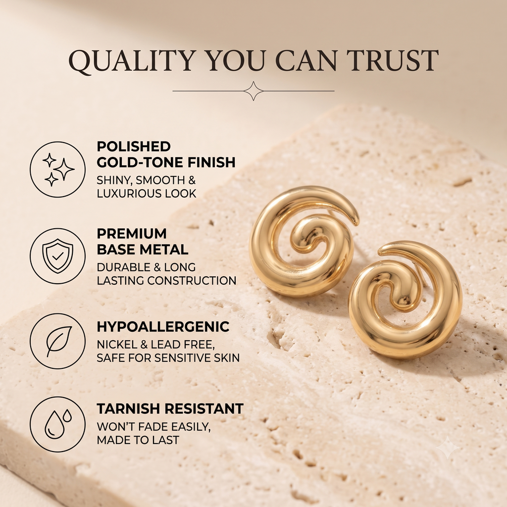 Trendy Spiral Stud Earrings for Women & Girls | High-Polish Gold Plated Fashion Jewellery for Daily, Office & Party Wear