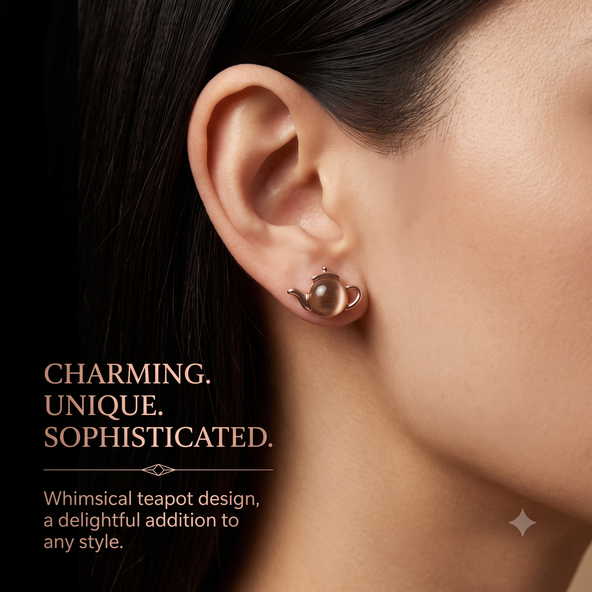Quirky Teapot Stud Earrings for Women & Girls | Rose Gold; Brown Agate Trendy Fashion Jewellery for Daily &amp; Party Wear