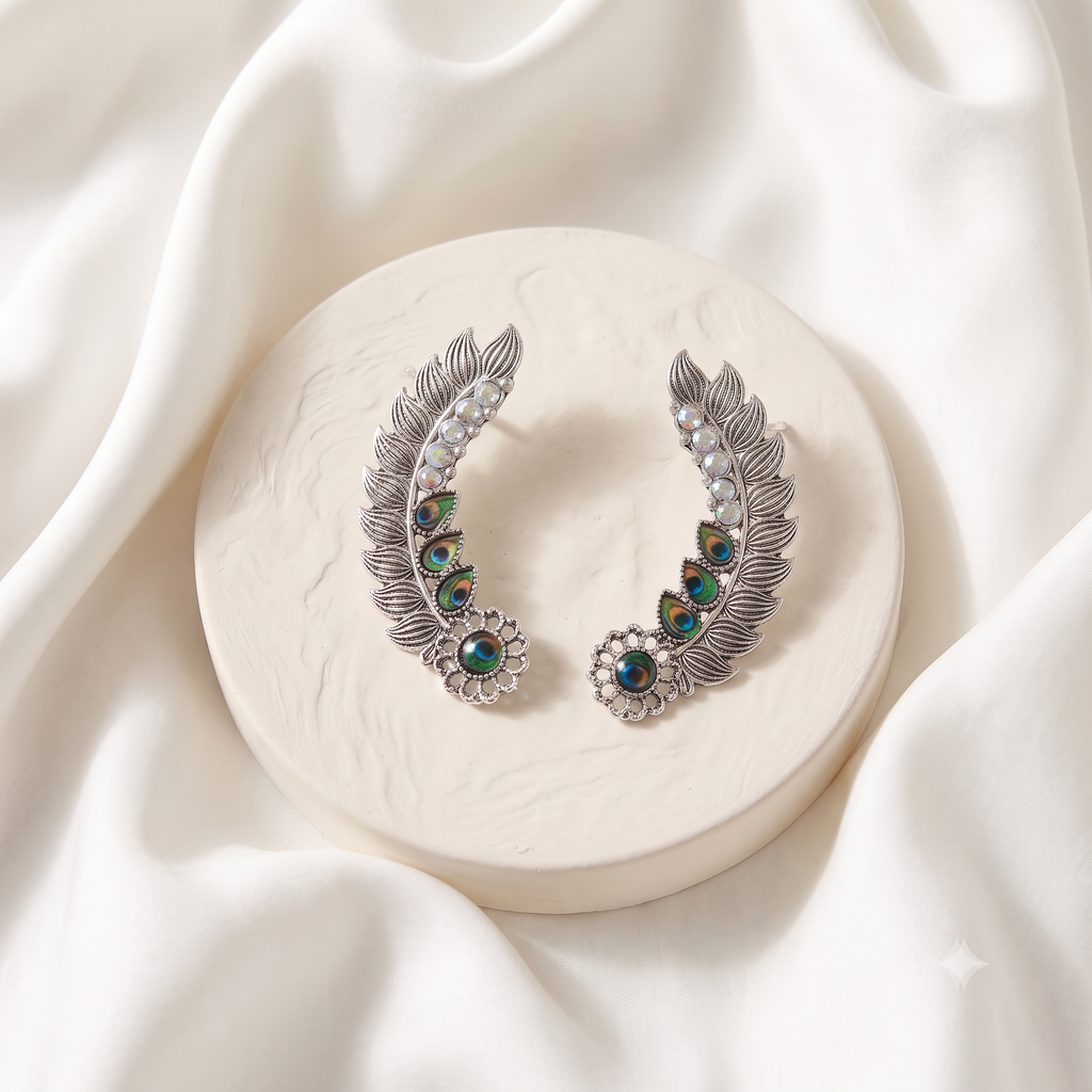 Antique Silver Oxidised Peacock Ear Climbers & Iridescent Feather Ear Cuffs