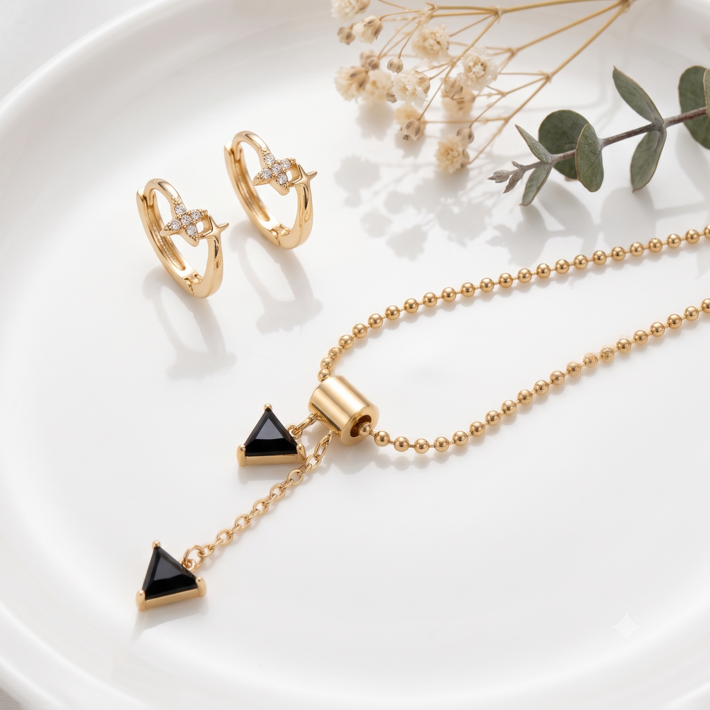 18K Gold Plated Onyx Stone Pendant Necklace & Crystal Star Huggie Earring Set | Y-Lariat Chain Jewelry