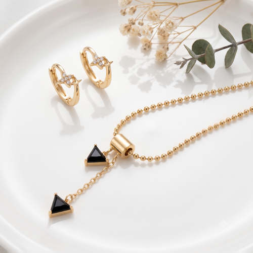 18K Gold Plated Onyx Stone Pendant Necklace & Crystal Star Huggie Earring Set | Y-Lariat Chain Jewelry