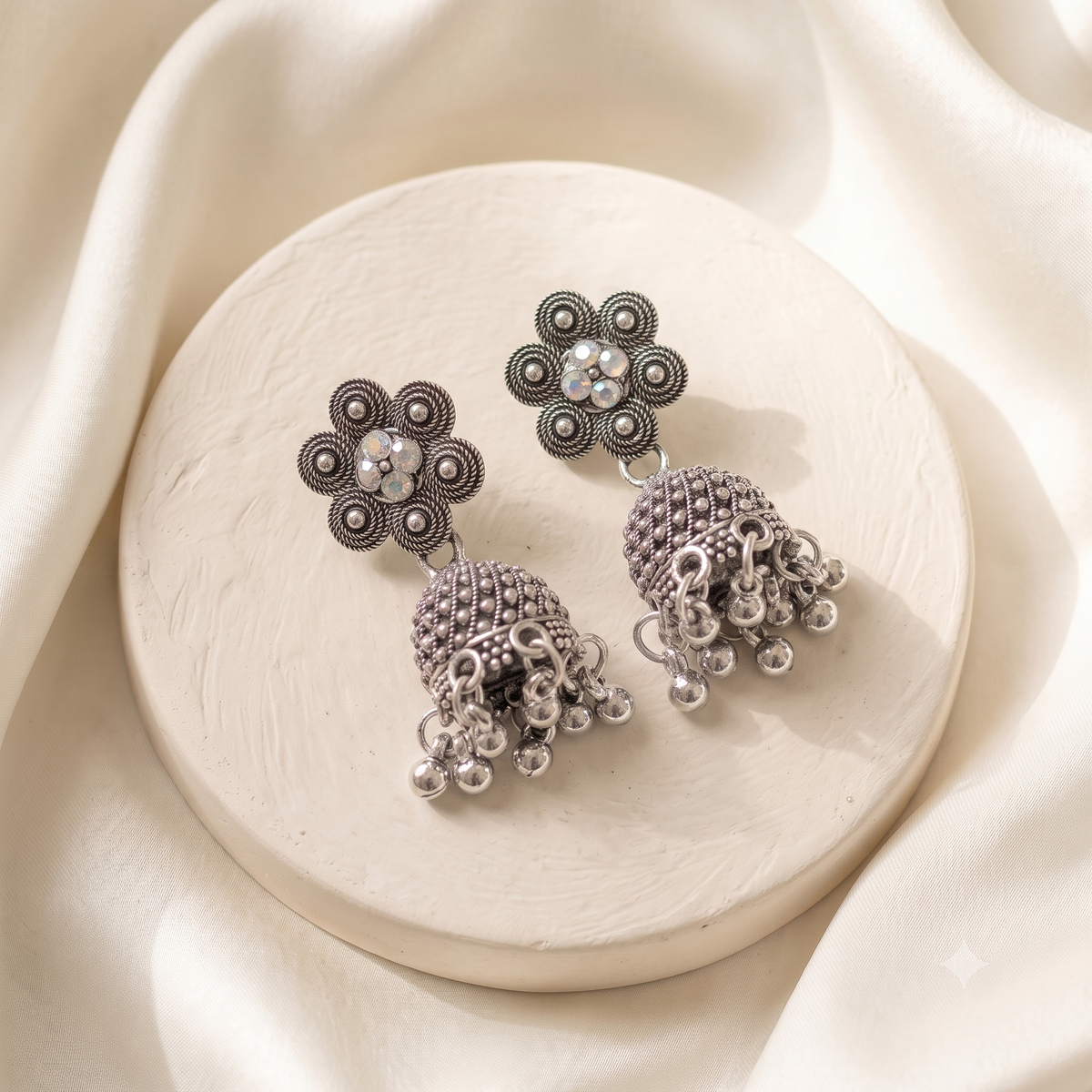 Antique Oxidised Silver Crystal Flower Jhumka Earrings for Women