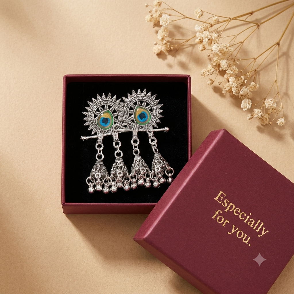Oxidised Silver Peacock Flute Jhumka Earrings with Enamel Work