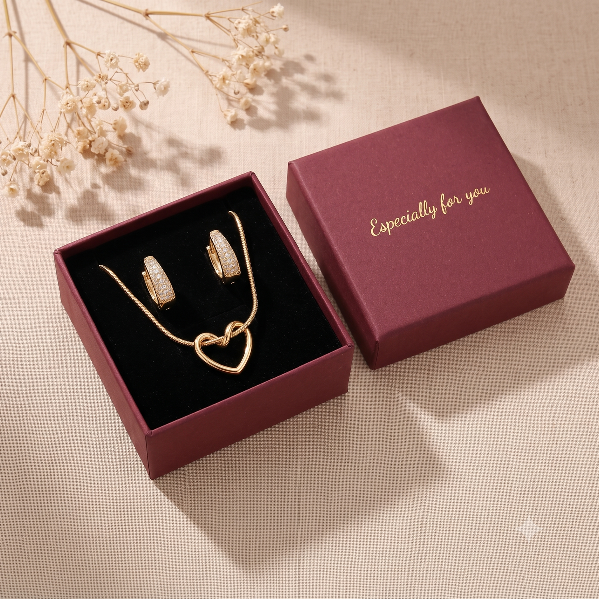 Aurélia 18K Gold Plated Open Heart Pendant Necklace & Pavé CZ Huggie Hoop Earrings Set | Minimalist Everyday Jewelry