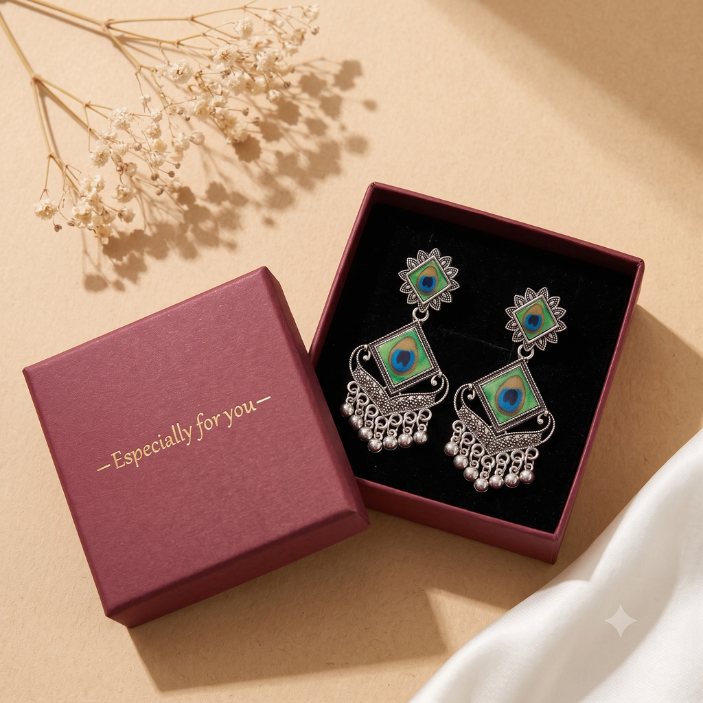 Oxidised Silver Enamel Peacock Drop Earrings for Women