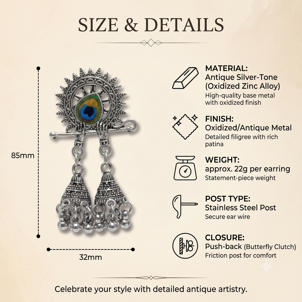 Oxidised Silver Peacock Flute Jhumka Earrings with Enamel Work