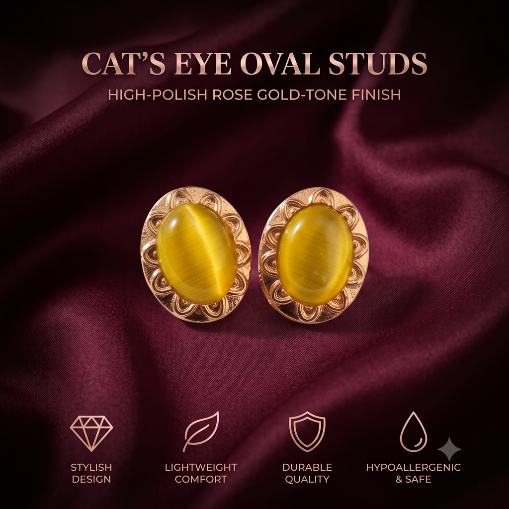 Elegant Oval Stud Earrings for Women & Girls | Golden Yellow Trendy Fashion Jewellery for Daily & Office Wear