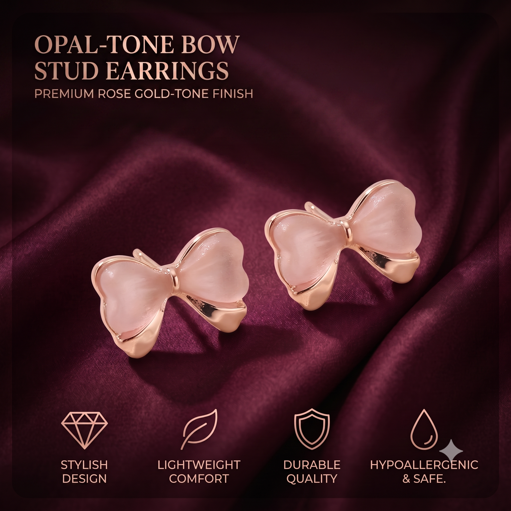 Cute Bow Stud Earrings for Women & Girls | Rose Gold & Frosted Pink Trendy Fashion Jewellery for Daily & Party Wear
