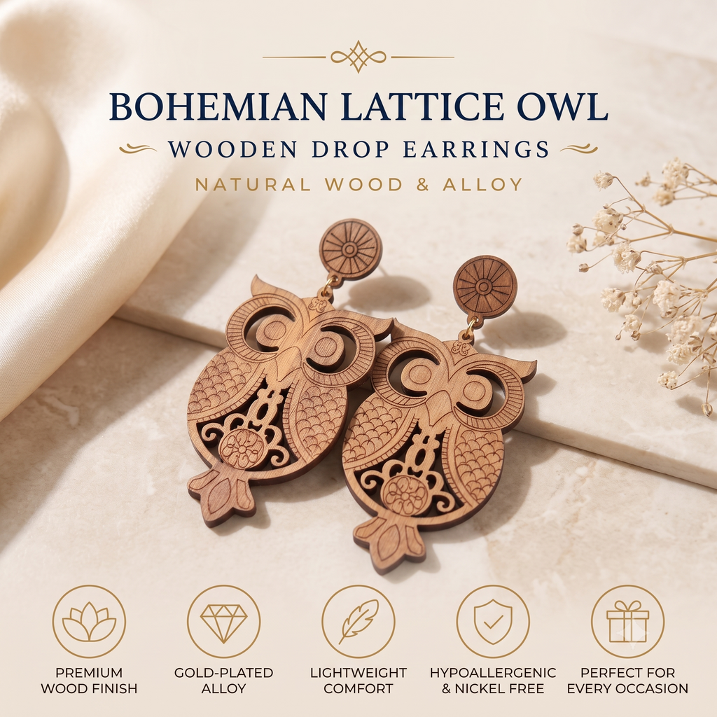 Laser-Cut Bohemian Owl Wooden Dangle Earrings – Lightweight Boho Drop Earrings for Women