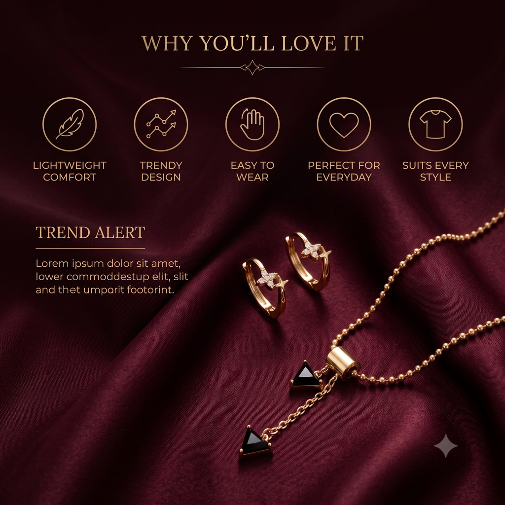 18K Gold Plated Onyx Stone Pendant Necklace & Crystal Star Huggie Earring Set | Y-Lariat Chain Jewelry