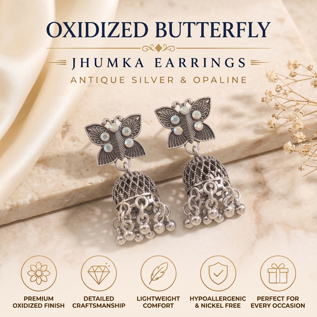 Antique Silver Oxidised Butterfly Jhumka Earrings with Opaline Stones