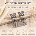 Antique Silver Oxidised Butterfly Jhumka Earrings with Opaline Stones