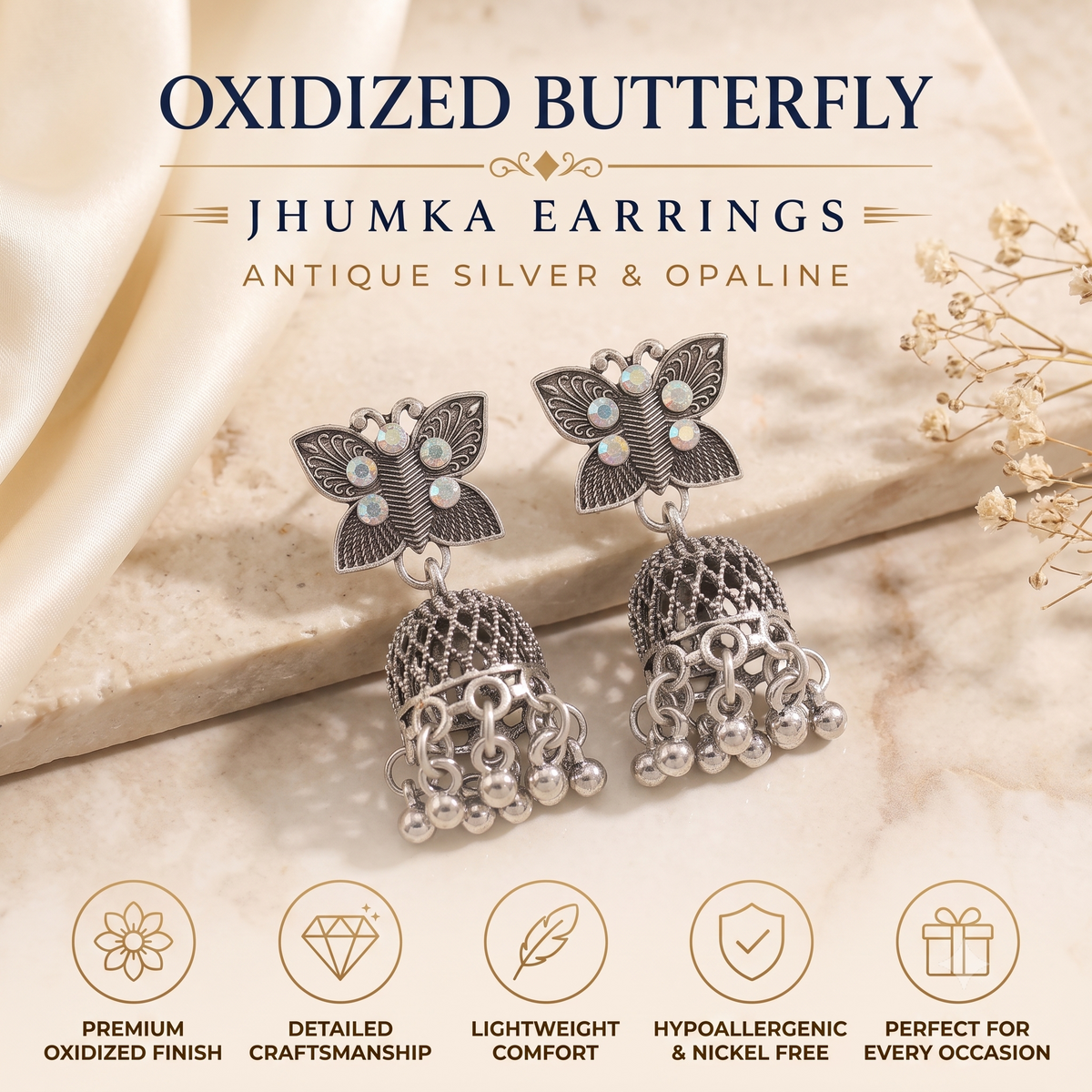 Antique Silver Oxidised Butterfly Jhumka Earrings with Opaline Stones
