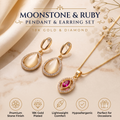 18K Gold Plated Ruby Halo Pendant Necklace & Pear-Cut Moonstone Halo Dangle Earrings Set | Fine Gemstone Jewelry