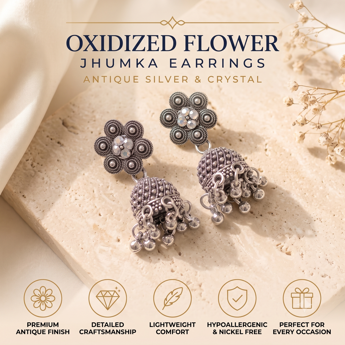 Antique Oxidised Silver Crystal Flower Jhumka Earrings for Women