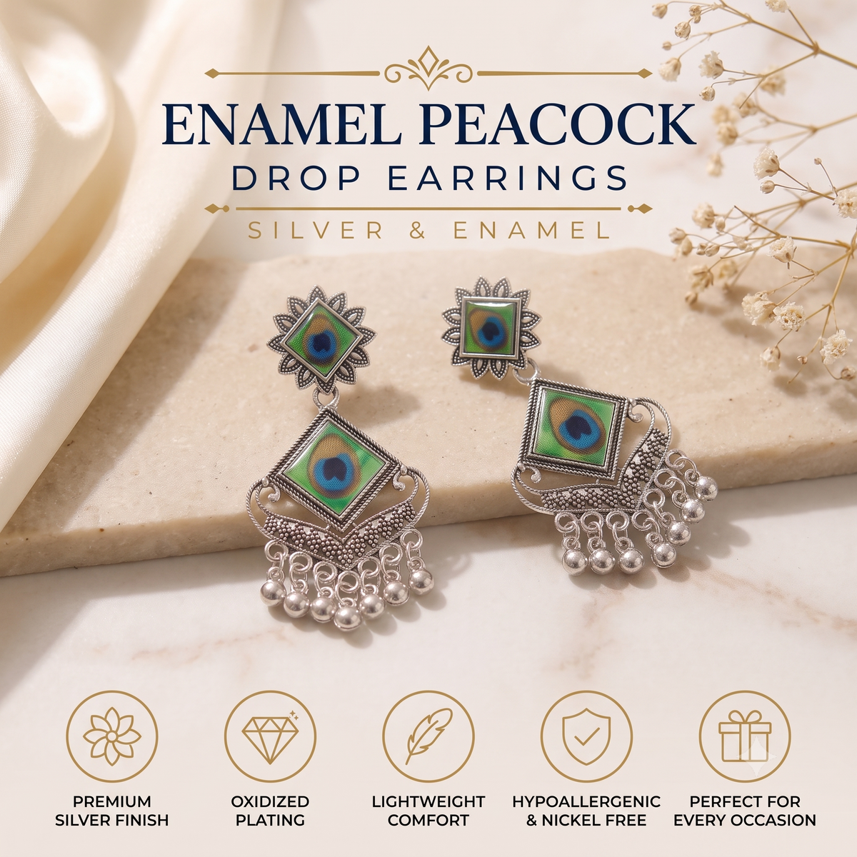 Oxidised Silver Enamel Peacock Drop Earrings for Women