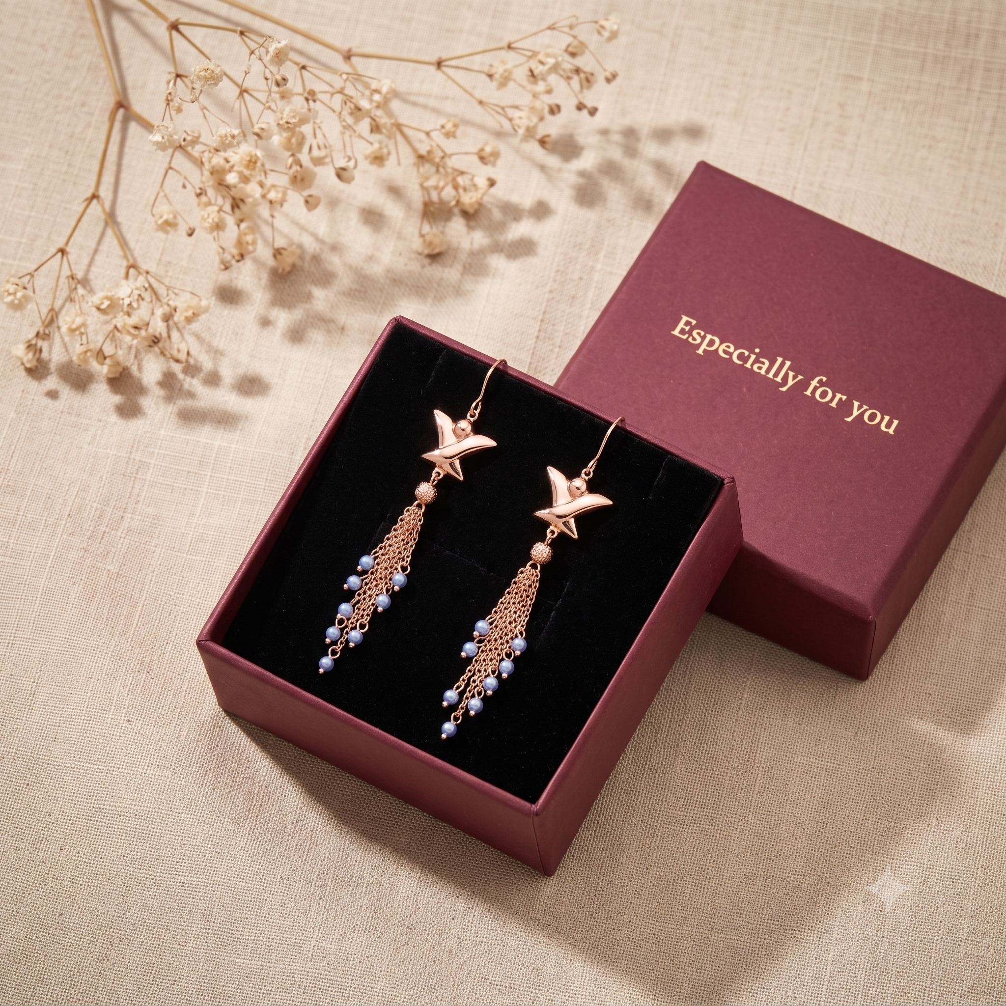 Elegant Rose Gold Multi-Chain Star Dangle Earrings for Women & Girls | Trendy Light Blue Pearl Drop Fashion Jewellery for Party & Festive Wear