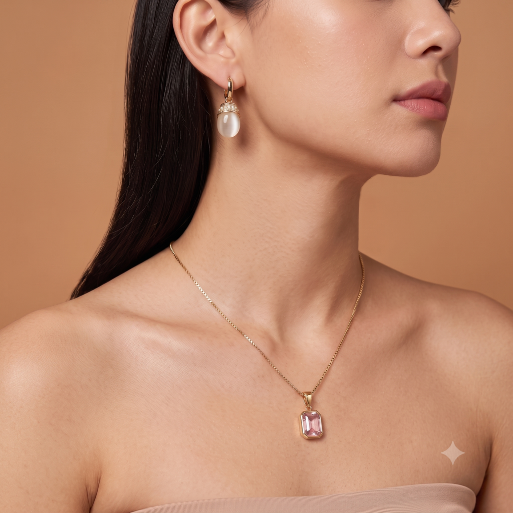 Moonstone & Sapphire Pendant Necklace and Earrings Set | 18K Gold Plated