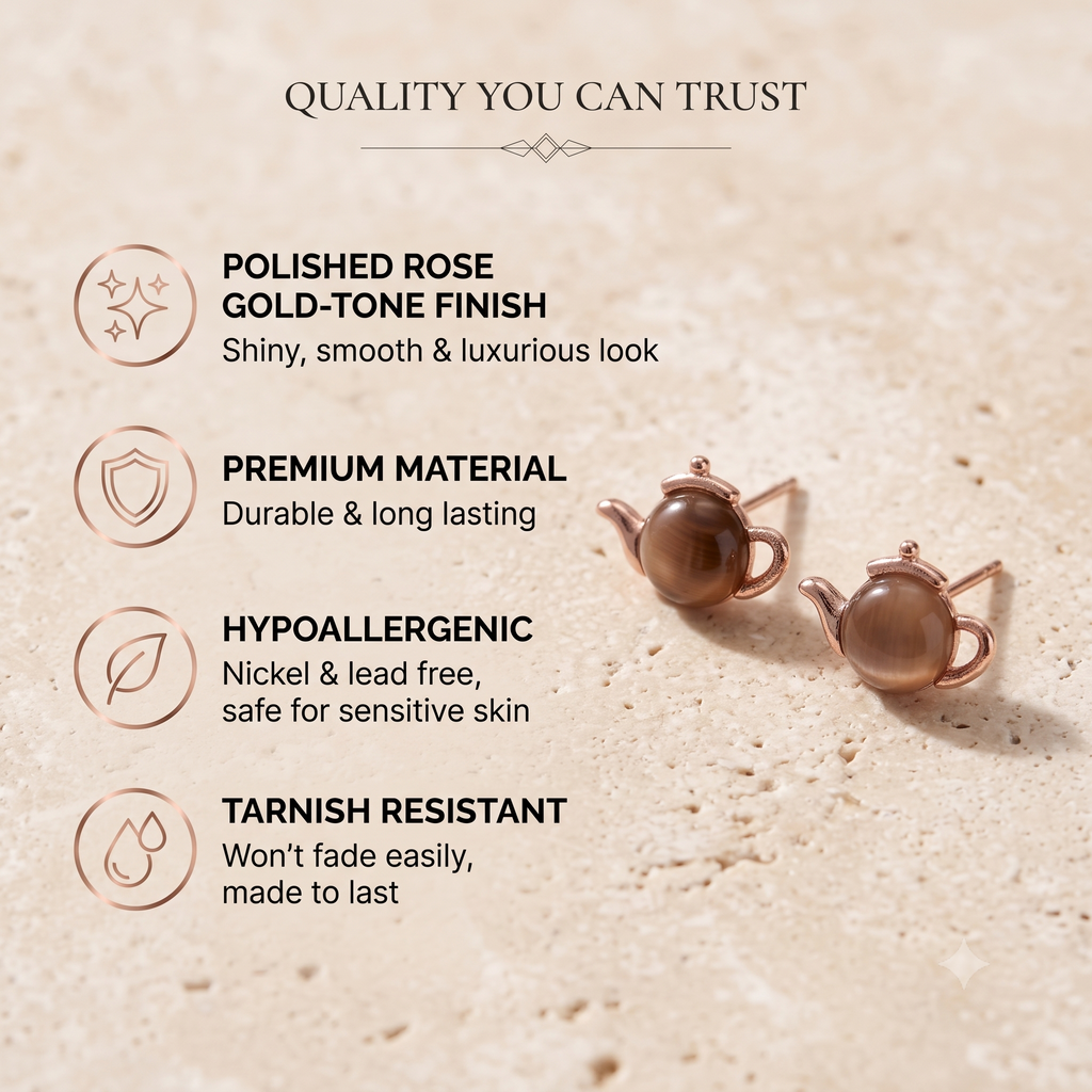 Quirky Teapot Stud Earrings for Women & Girls | Rose Gold; Brown Agate Trendy Fashion Jewellery for Daily &amp; Party Wear