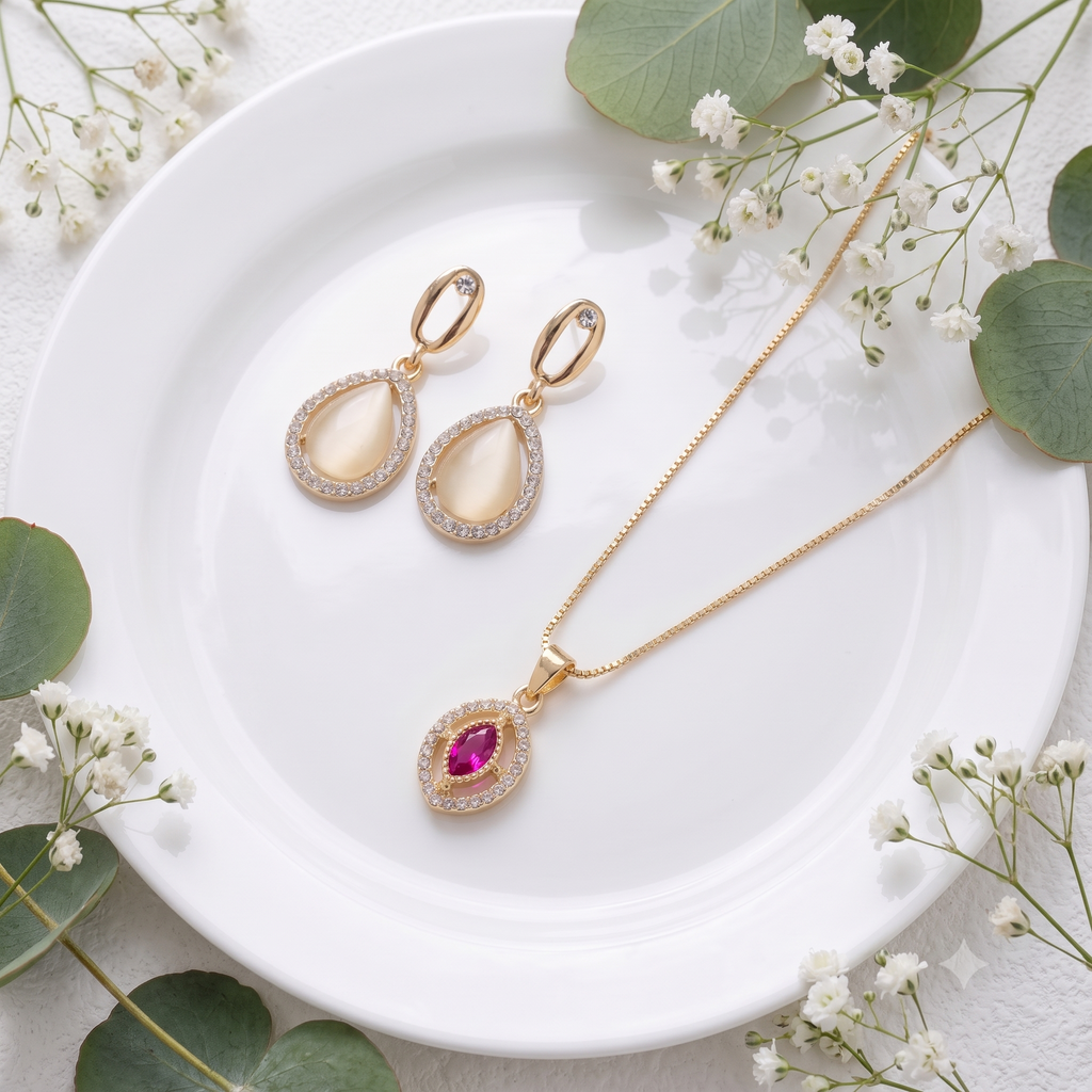 18K Gold Plated Ruby Halo Pendant Necklace & Pear-Cut Moonstone Halo Dangle Earrings Set | Fine Gemstone Jewelry