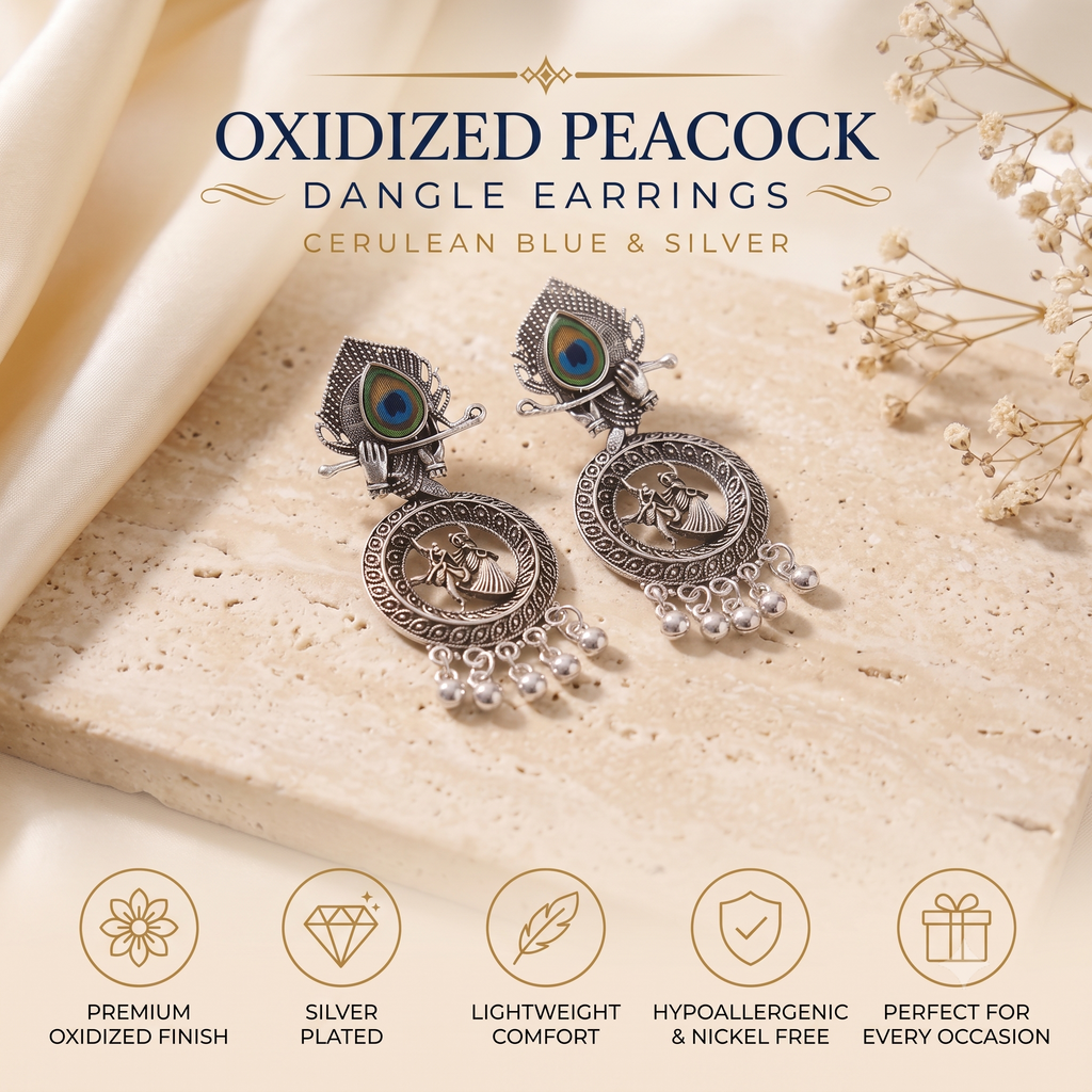 Oxidised Silver Radha Krishna Peacock Dangle Earrings for Women