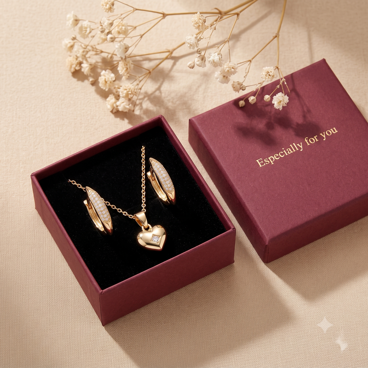 Gold Star- Heart Pendant Necklace and Earrings Jewellery Set
