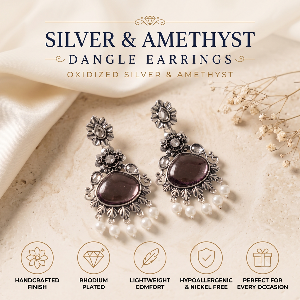 Oxidised Silver Dangle Jhumka Earrings with Pearls for Women