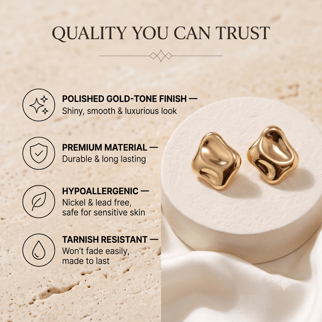 Trendy Sculptural Gold Stud Earrings for Women & Girls | Abstract Metallic Fashion Jewellery for Daily, Office & Party Wear