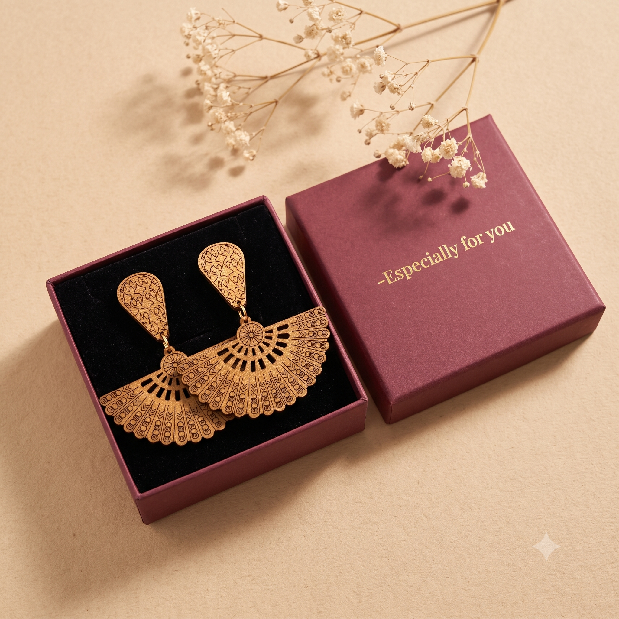 Laser-Cut Bohemian Fan Wooden Drop Earrings – Lightweight Boho Chandelier Dangle Earrings for Women