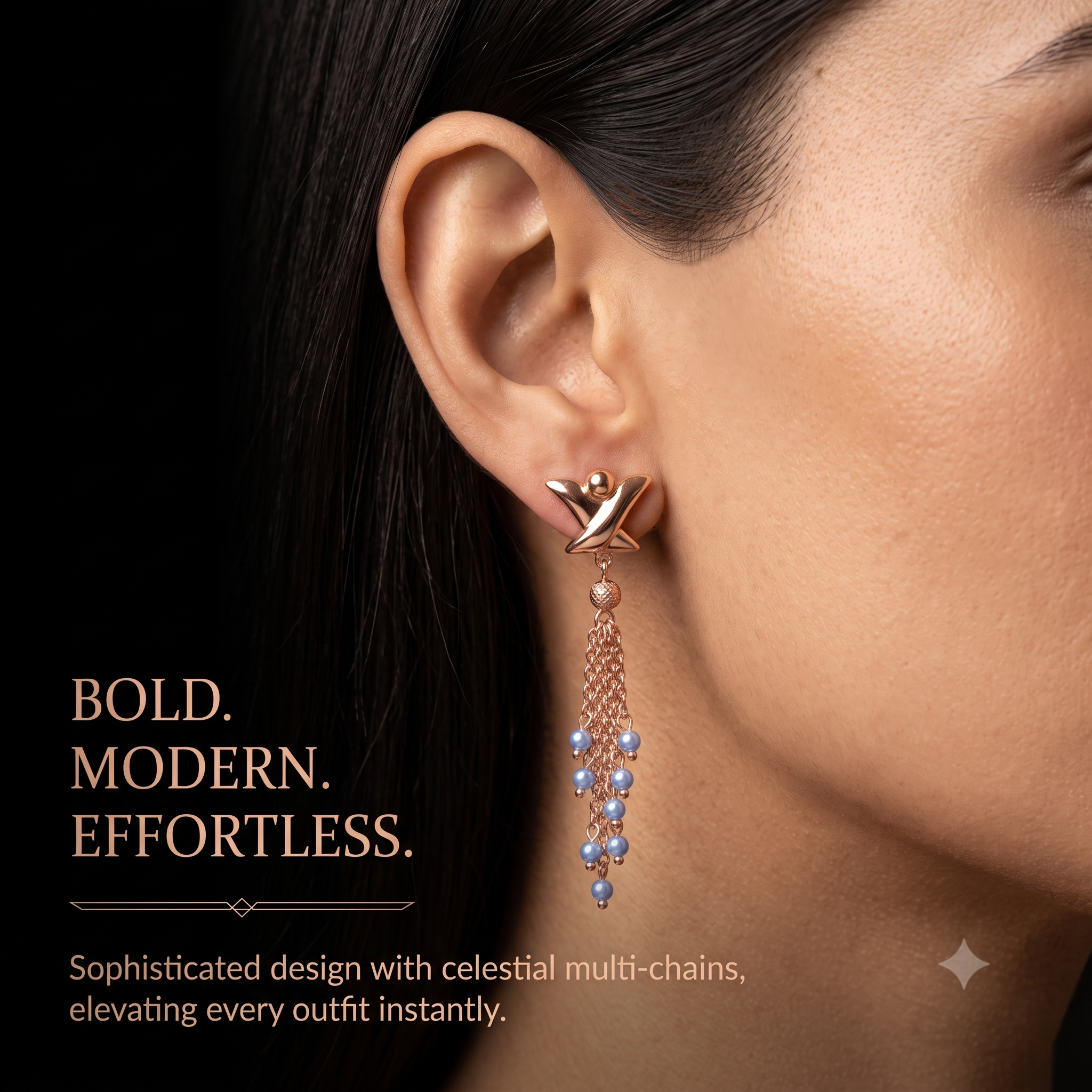 Elegant Rose Gold Multi-Chain Star Dangle Earrings for Women & Girls | Trendy Light Blue Pearl Drop Fashion Jewellery for Party & Festive Wear