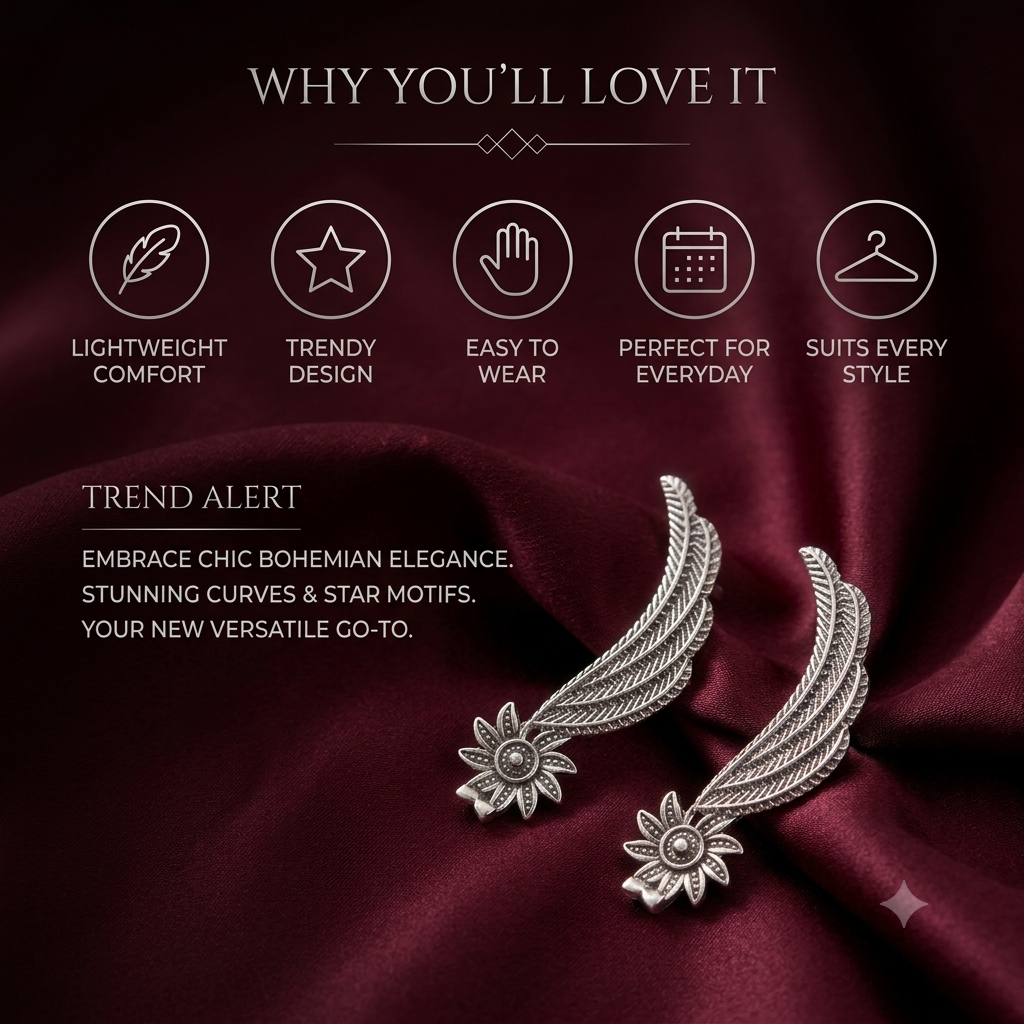 Antique Silver Oxidised Feather Ear Crawlers & Wing Ear Cuffs for Women