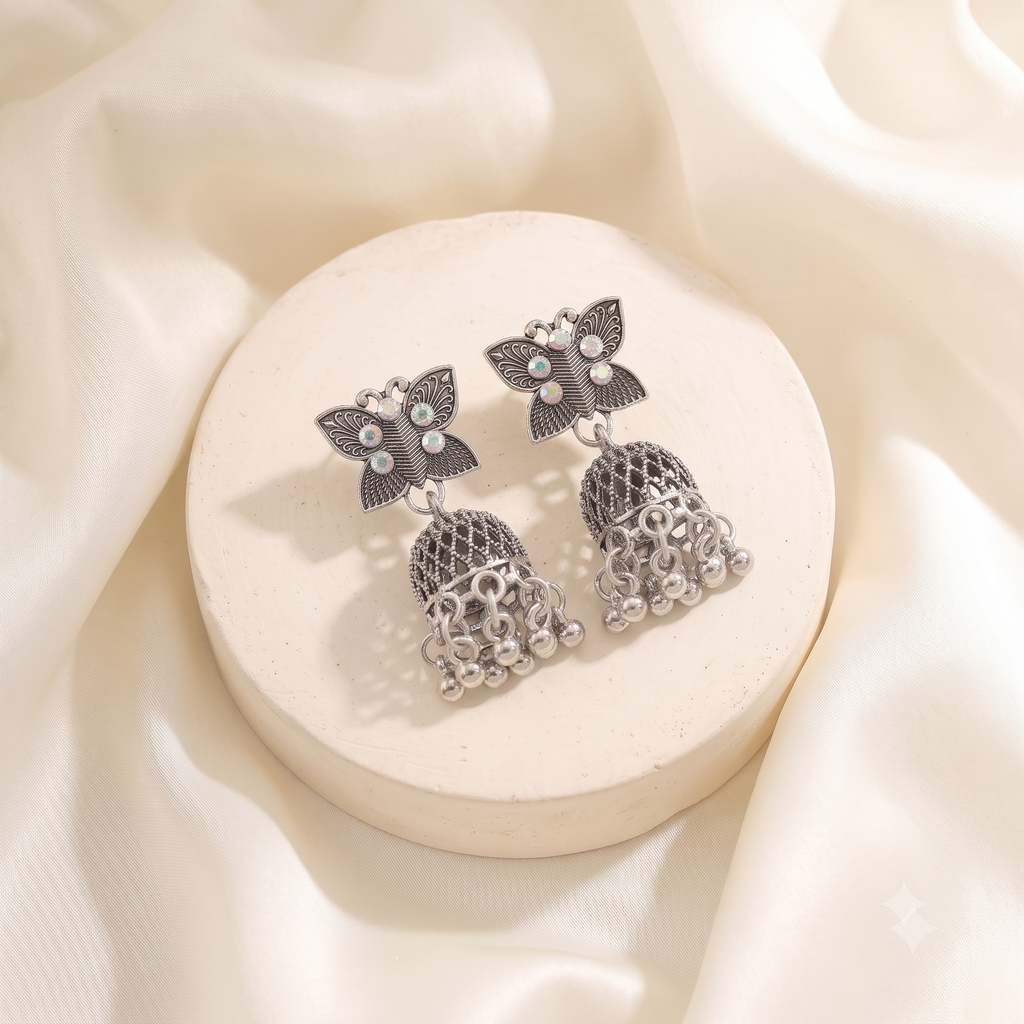 Antique Silver Oxidised Butterfly Jhumka Earrings with Opaline Stones