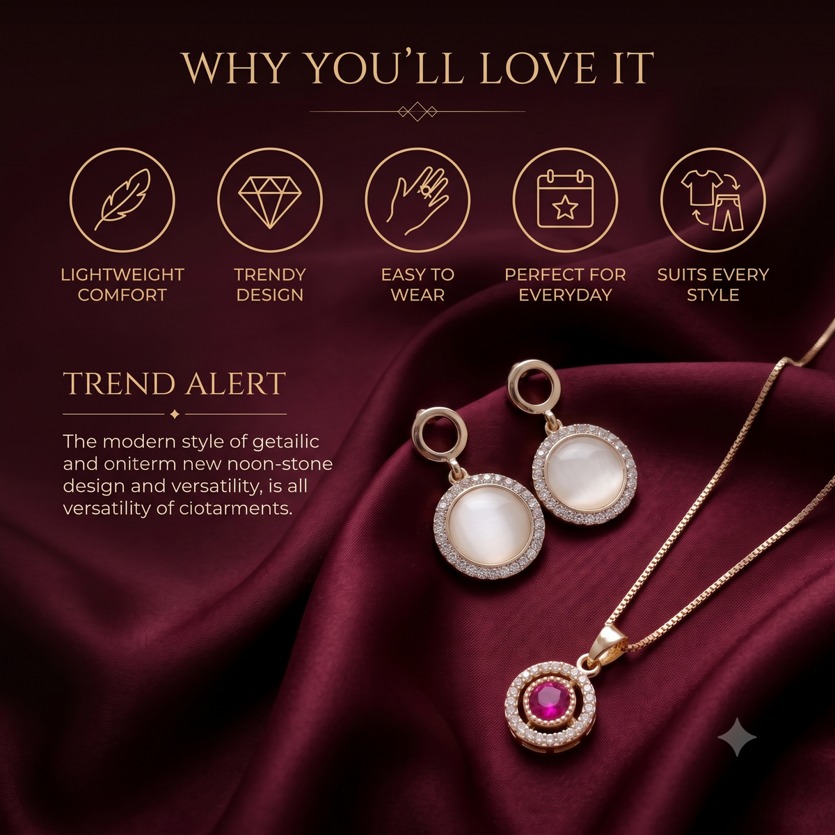 18K Gold Plated Round Ruby Halo Pendant Necklace & Opal Halo Circle Drop Earrings Set | Royal Gemstone Jewelry