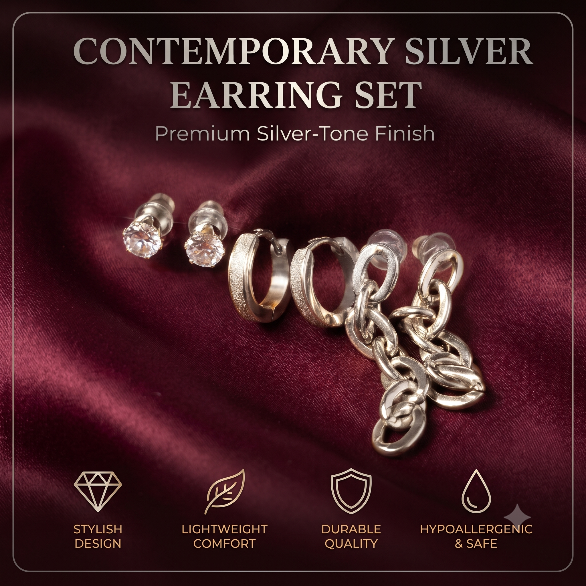 Trendy Stainless Steel Curated Earring Set for Women & Girls | Silver Combo Pack Multi-Pack Fashion Jewellery for Daily, Office & Party Wear