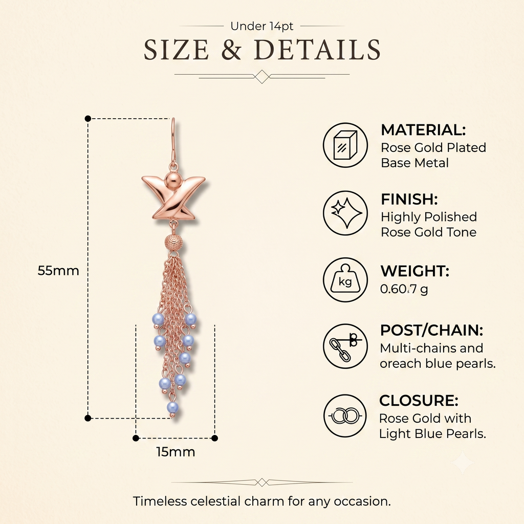 Elegant Rose Gold Multi-Chain Star Dangle Earrings for Women & Girls | Trendy Light Blue Pearl Drop Fashion Jewellery for Party & Festive Wear