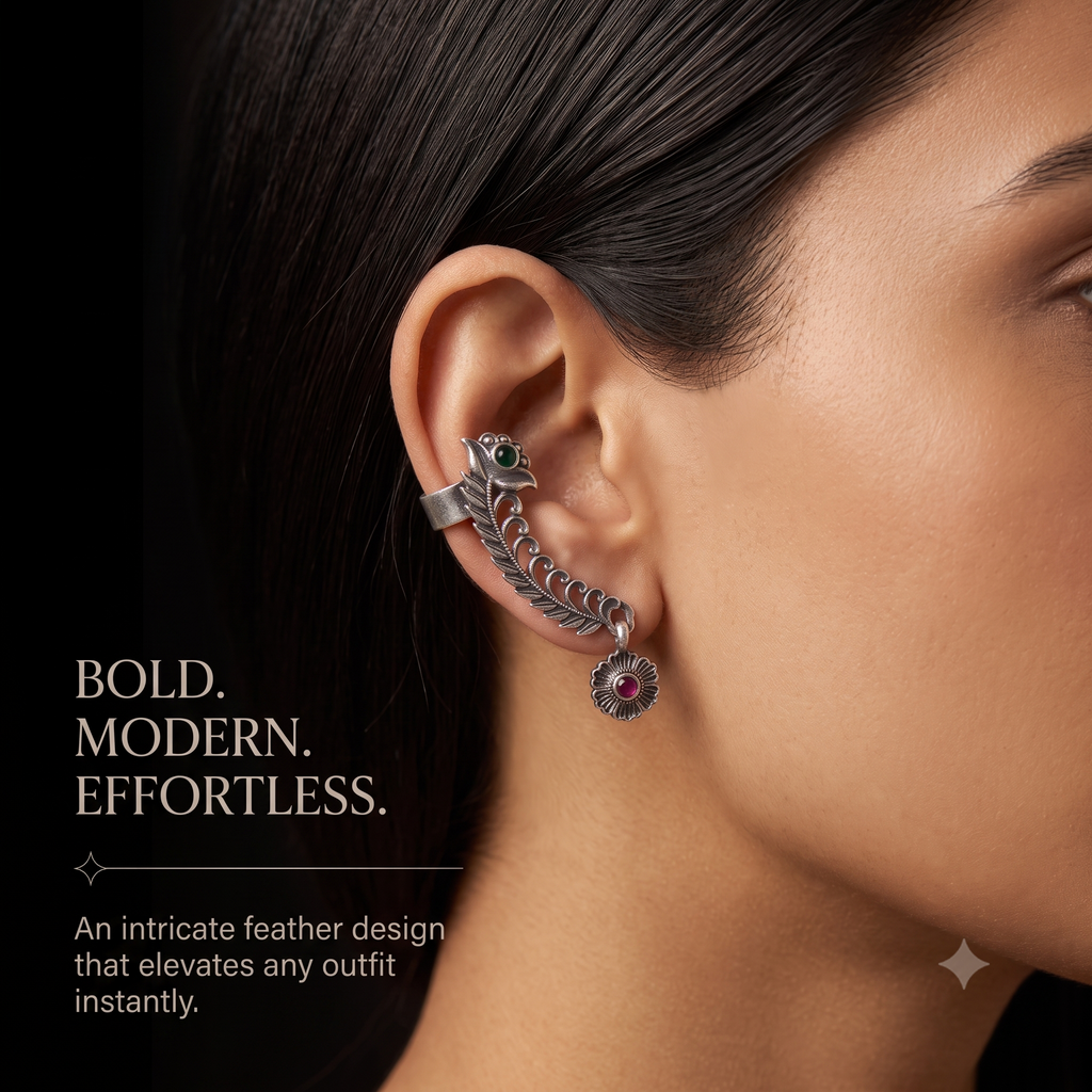 Oxidised Silver Peacock Ear Crawlers with Emerald Green & Ruby Red Stones