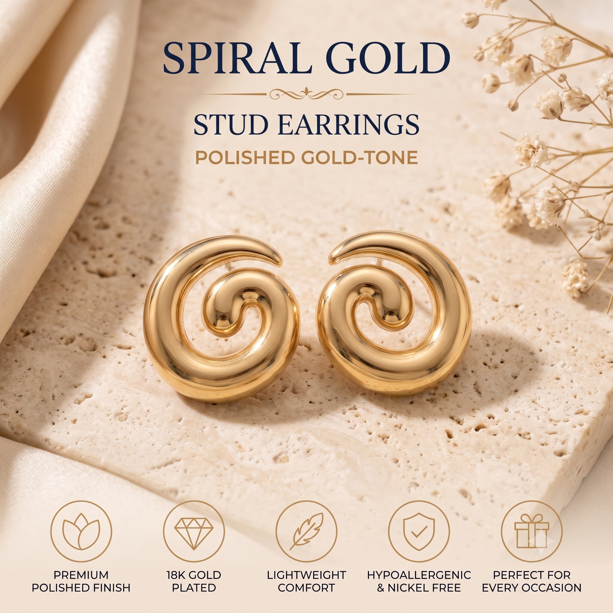 Trendy Spiral Stud Earrings for Women & Girls | High-Polish Gold Plated Fashion Jewellery for Daily, Office & Party Wear