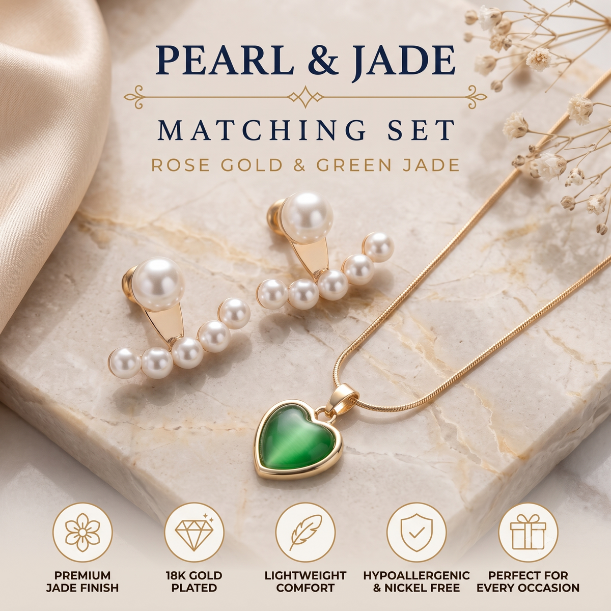 Pearl & Green Jade Matching Jewellery Set in Rose Gold (Pendant Necklace & Drop Earrings)