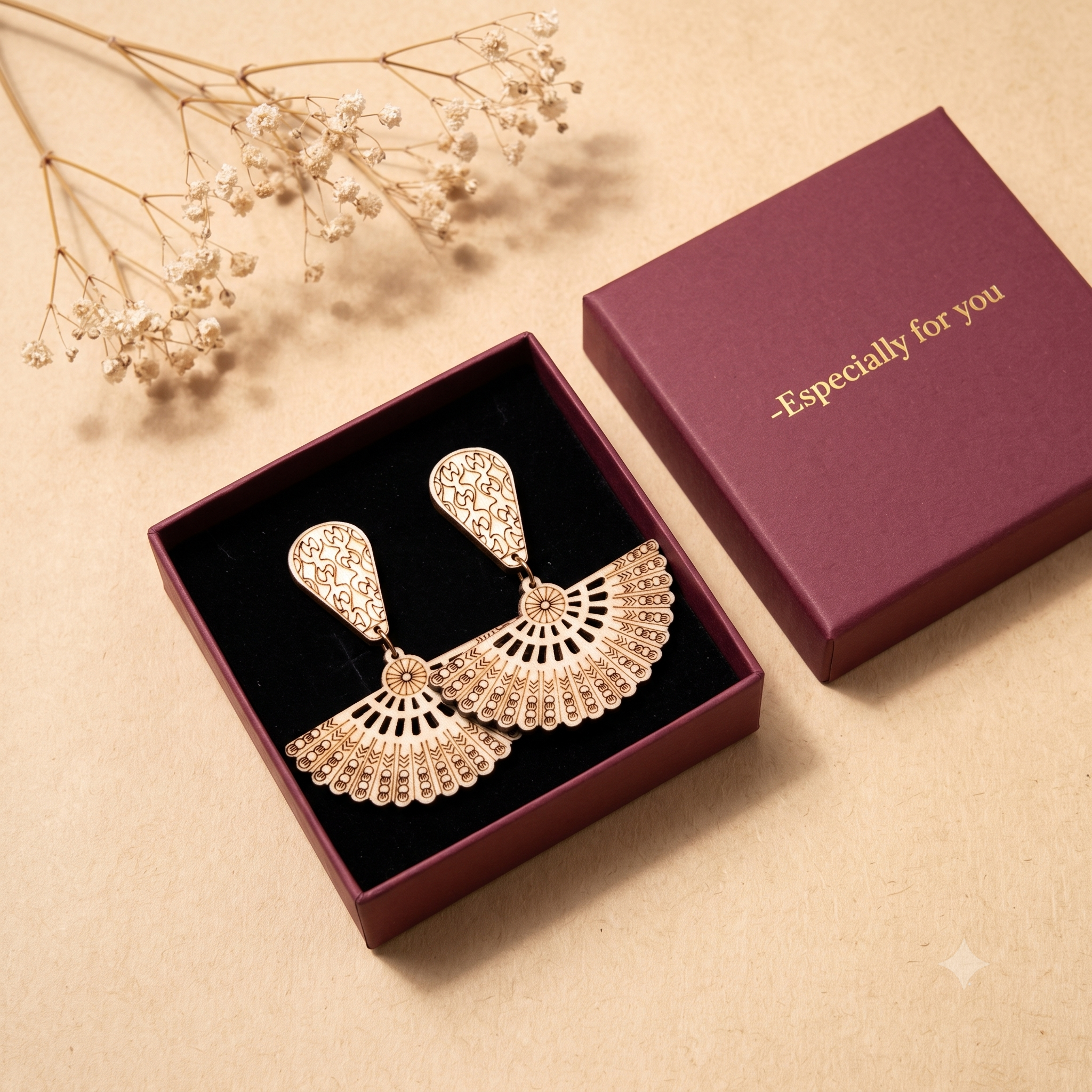 Laser-Cut Bohemian Fan Wooden Drop Earrings – Lightweight Boho Chandelier Dangle Earrings for Women
