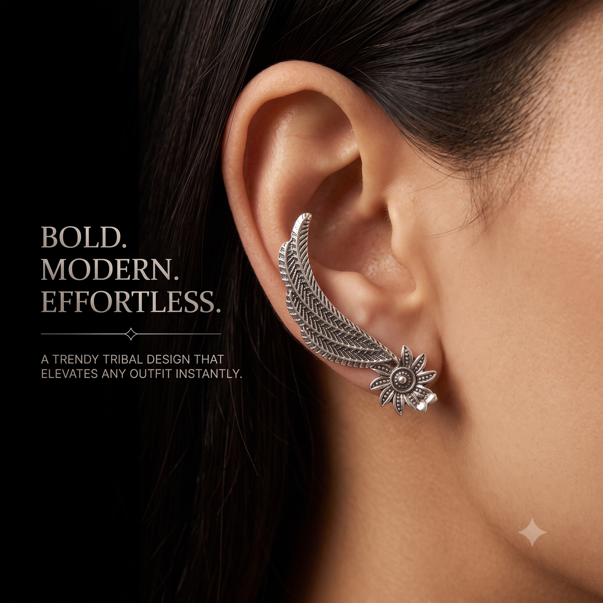 Antique Silver Oxidised Feather Ear Crawlers & Wing Ear Cuffs for Women