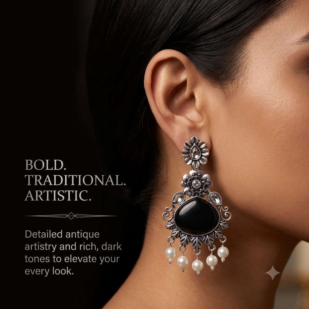 Oxidised Silver Dangle Jhumka Earrings with Pearls for Women