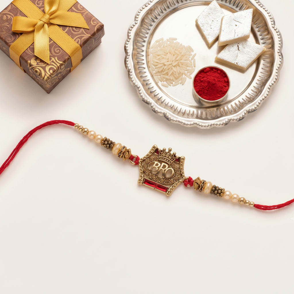 Antique Gold BRO Crown Designer Rakhi for Brother | VyomBox