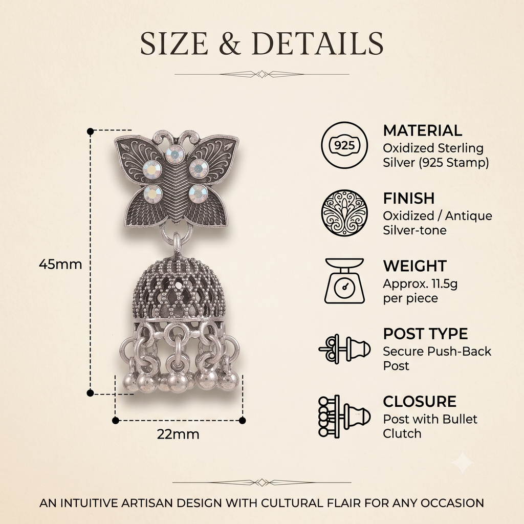 Antique Silver Oxidised Butterfly Jhumka Earrings with Opaline Stones