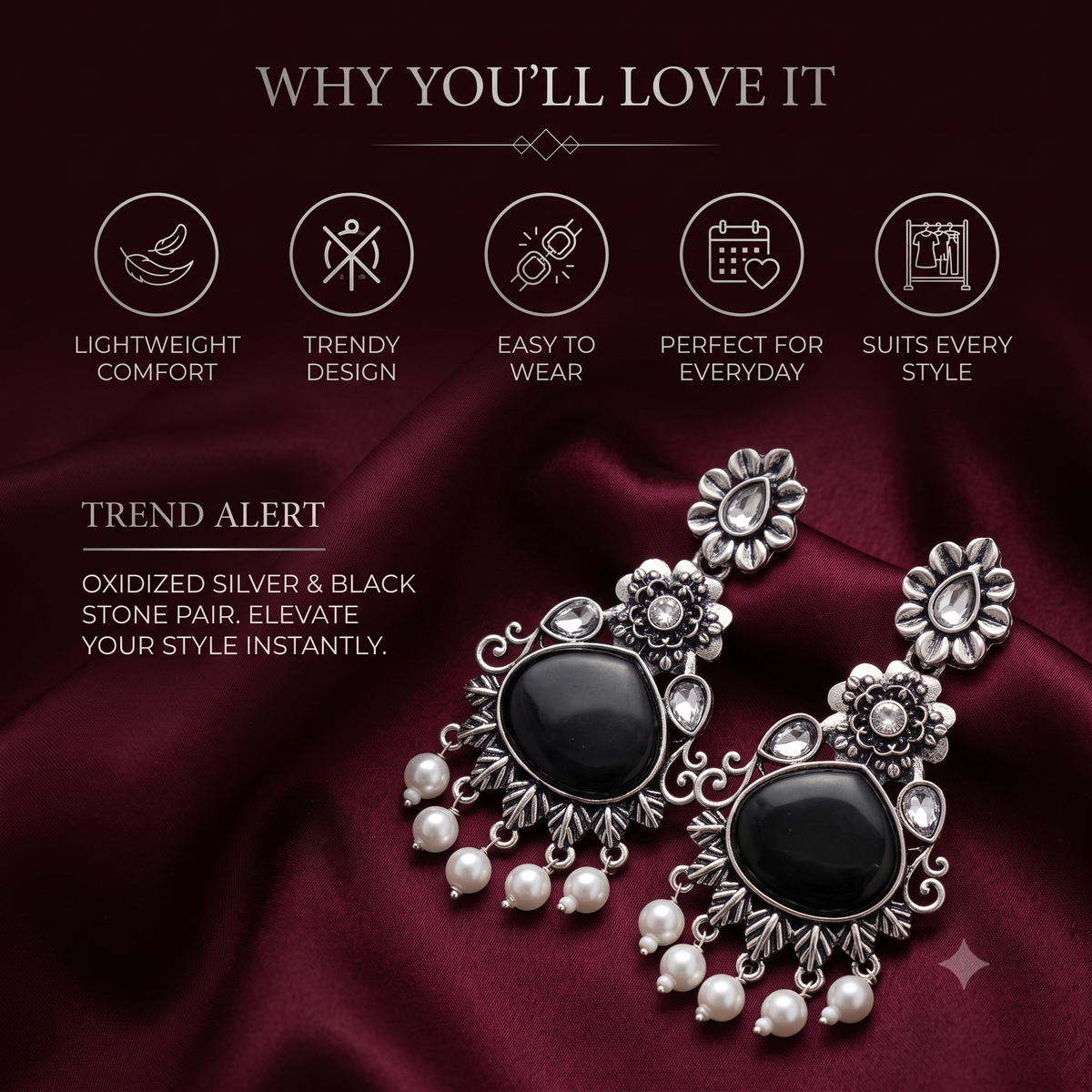 Oxidised Silver Dangle Jhumka Earrings with Pearls for Women