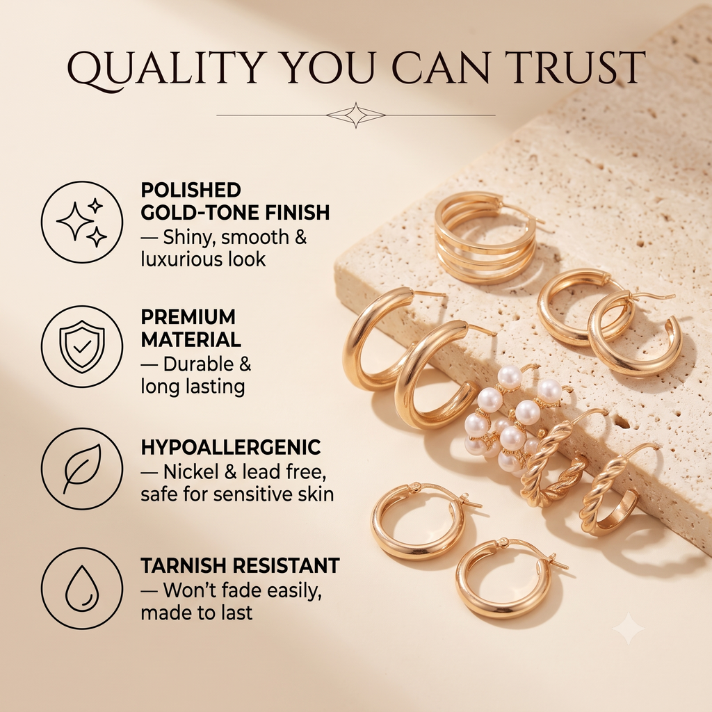 Elegant Gold-Toned & Pearl Curated Hoop Earrings Set of 5 for Women & Girls | Trendy Combo Pack Multi-Pack Fashion Jewellery for Daily, Office & Party Wear