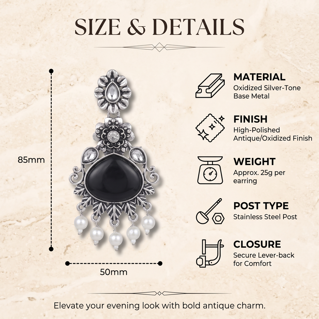 Oxidised Silver Dangle Jhumka Earrings with Pearls for Women
