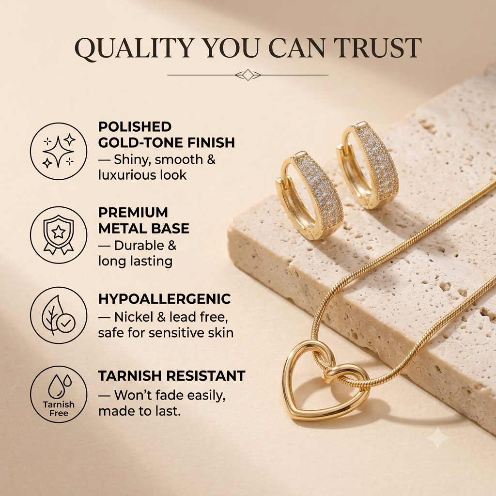 Aurélia 18K Gold Plated Open Heart Pendant Necklace & Pavé CZ Huggie Hoop Earrings Set | Minimalist Everyday Jewelry